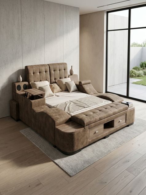 Multifunctional Brown Queen Bed