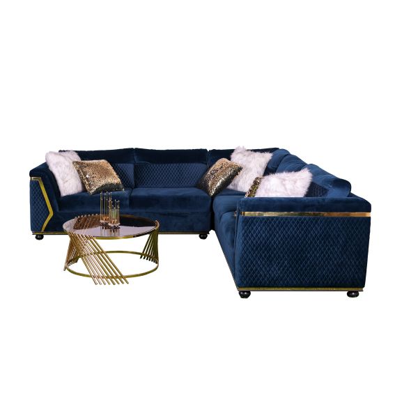 Blue velvet L-shaped sofa
