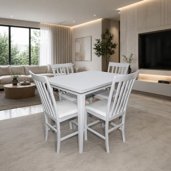 ترابيزة سفرة مرتفعة و 4 كرسي بيضاء