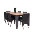 wooden dining table, 6 grey chairs, hub furniture