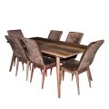 wooden dining table, 6 velvet chairs, hub furniture