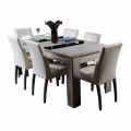 beige black dining table, 6 chairs, hub furniture